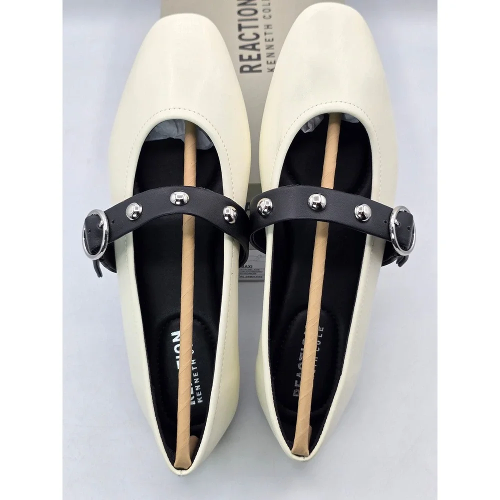 Kenneth Cole Reaction Maxi Flats Womens 6.5 Ecru Black Studded Mary Jane - New